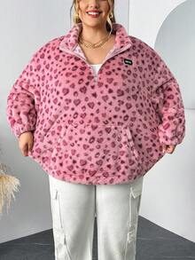 SHEIN CURVE+ 大码女式豹纹羊毛拉链卫衣，毕业季长袖上衣，秋冬季返校必备 - 彩色 - 查看 7