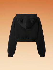 SHEIN Tween Girl Halloween Cartoon Pattern Hooded Crop Top Sweatshirt With 3D Ears,In Fall/Winter - Black - View 2