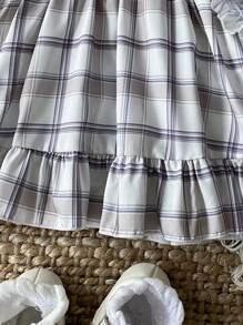 SHEIN Korean Style Plaid Print 2 In 1 Dress, Sweet Princess Baby Outfit, Spring/Autumn - Apricot - View 4