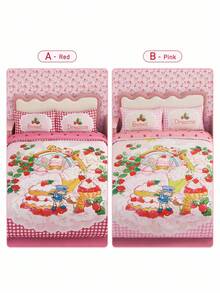 Strawberry Shortcake X SHEIN 3 PiecesStrawberry Print Bedding Set, Soft & Warm, Farmhouse Style, Fits Various Bed Sizes,Gift Ideas - Multicolor - View 4