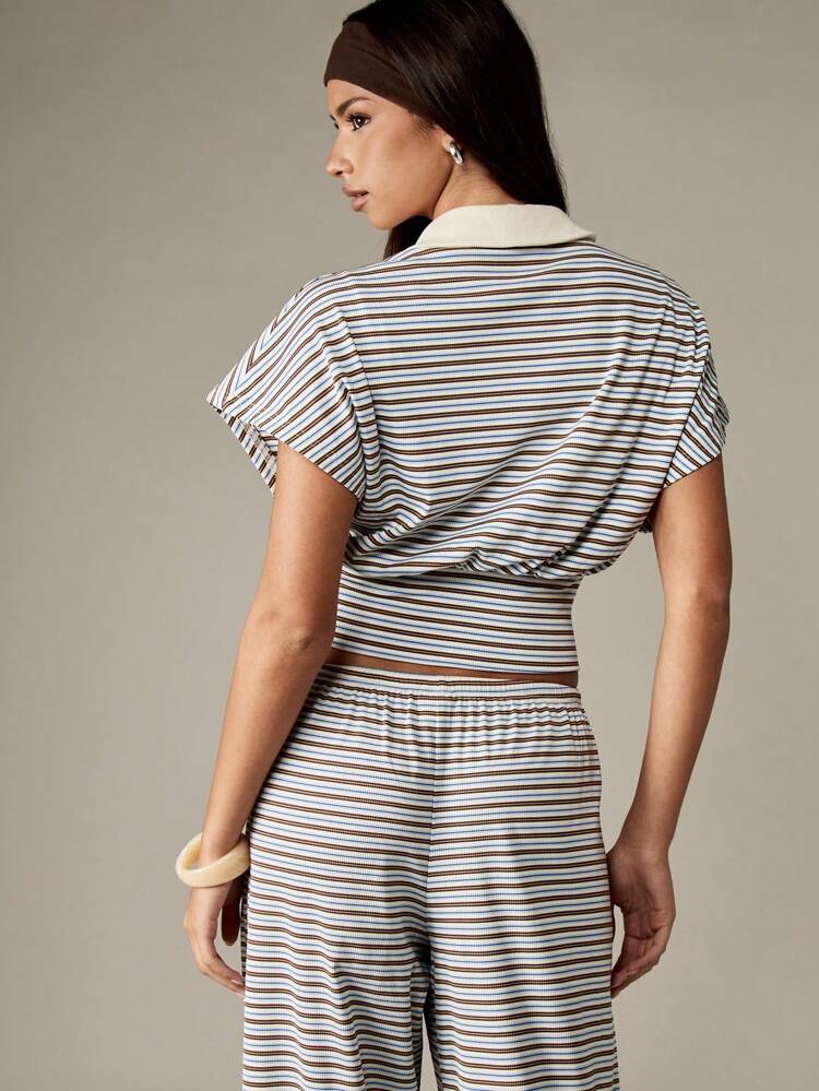 MISSGUIDED Retro Stripe Polo Crop Top With Cinched Waist Design Vintage Inspired Preppy Style Y2K Fashion Collar Knit Short Sleeve Summer Casual Wear
