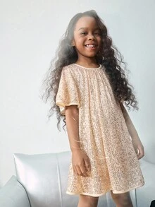 Maija Kids Maija Kids Young Girl Sequin Fabric Ruffle Sleeve Round Neck Dress - Gold - View 4
