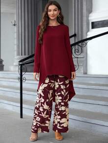 EMERY ROSE Women's Elegant Commuter Solid Color Asymmetric Hem Top & Floral Print Pants 2 Pieces Set - Burgundy - View 3