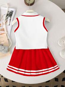 Elladie kids 2 件套女童学院风心形印花领无袖上衣和带缎带饰边的褶边裙，适合夏季返校季