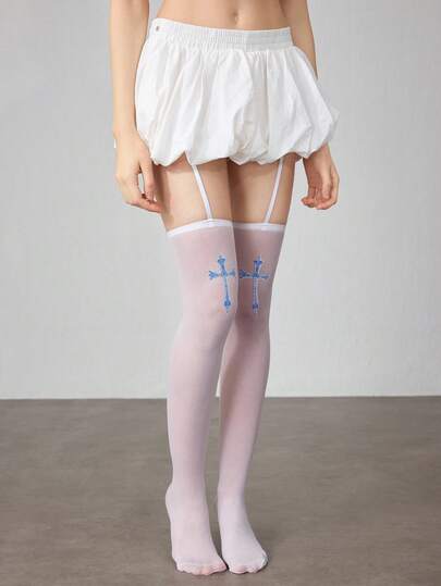 ROMWE Grunge Punk 1 Pair Gothic Style Dark Cross Pattern Thigh High Socks