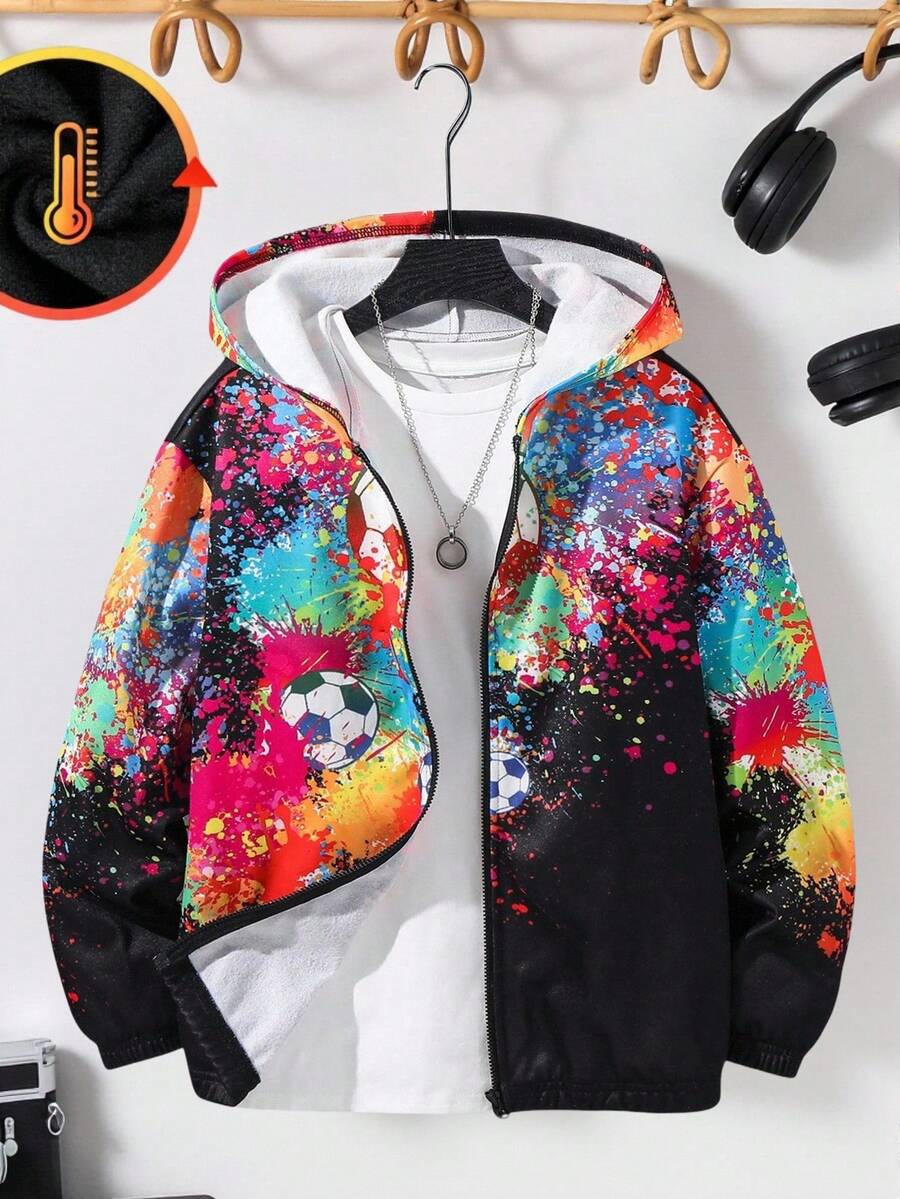SHEIN Tween Boys' Casual Versatile Sports Streetwear Graphic Hoodie Jacket, Suitable For Commuting, School, Daily, Vacation, Sports, Spring/Summer/Autumn/Winter, Graphic Jacket, Teen Hoodies Boys Zipper, Anime Hoodie, Soccer Graphic Jacket, Boys Graphic Zip Up Hoodie Fall - Black - View 1