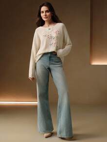 Anewsta 女士刺绣优雅套头衫 - 杏色 - 查看 4