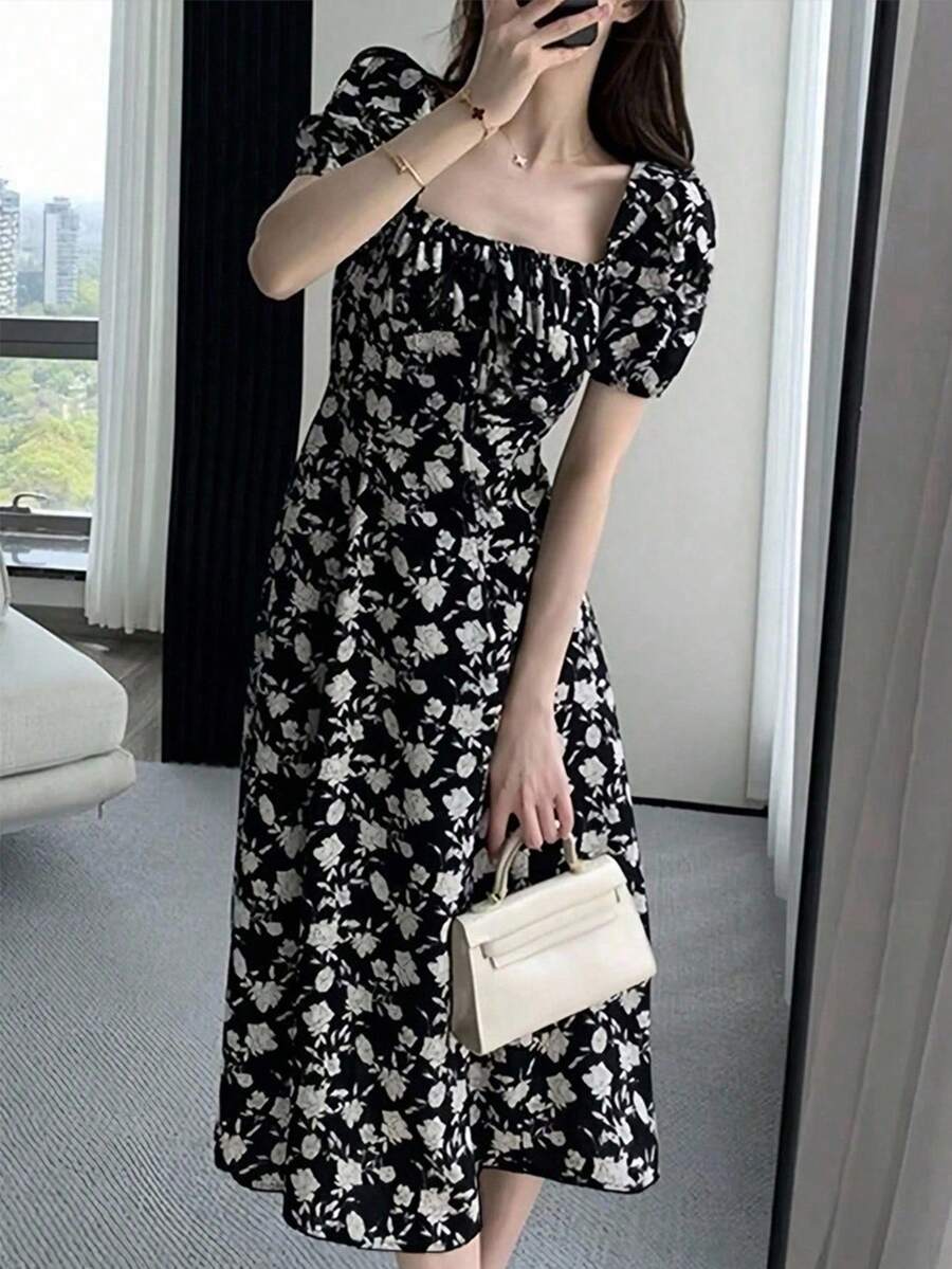 Tideelle 碎花方领优雅短袖夏装 - 黑色 - 查看 1