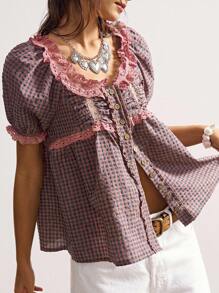Bohemela 休闲梭织格子泡泡袖V领宽松女式衬衫