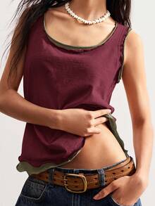 Bohemela Camiseta sin mangas de mujer de punto informal con cuello redondo y parches - Rojo - Ver 5