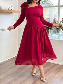Modelyn Vestido elegante y romántico de talla grande con cuello oblicuo, manga larga, cintura ceñida con parches de gasa y estampado floral 3D - Rojo - Ver 5