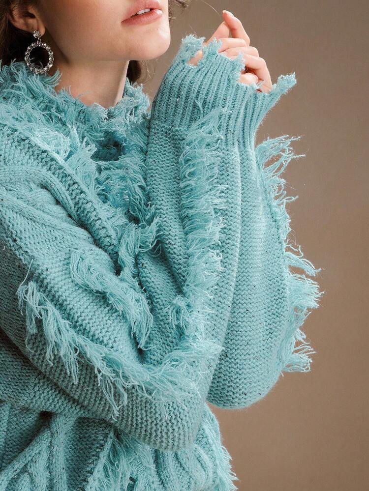 가을 신상 마이야르 색상 디스트레스드 프린지 트림 루즈 니트 스웨터 탑 여성용