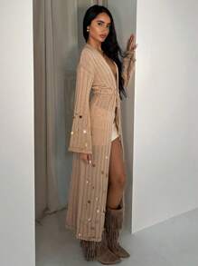 Glamine 驼色针织手工亮片设计喇叭袖性感迷人女式和服开衫 - 駝色 - 查看 7