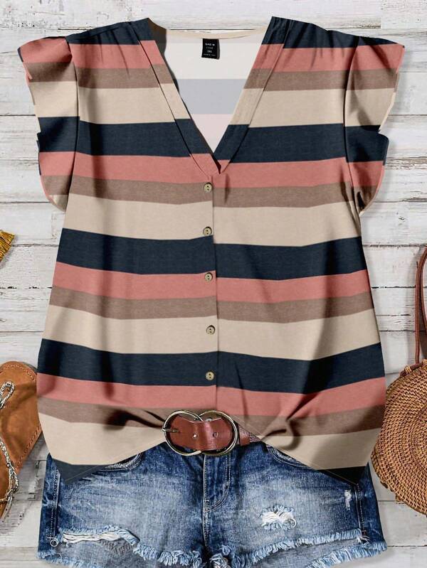 EMERY ROSE Colorful Striped Print Casual Plus Size Women Shirt, Suitable For Summer Beach Striped Blouse Womens Summer Tops Summer Casual Tops