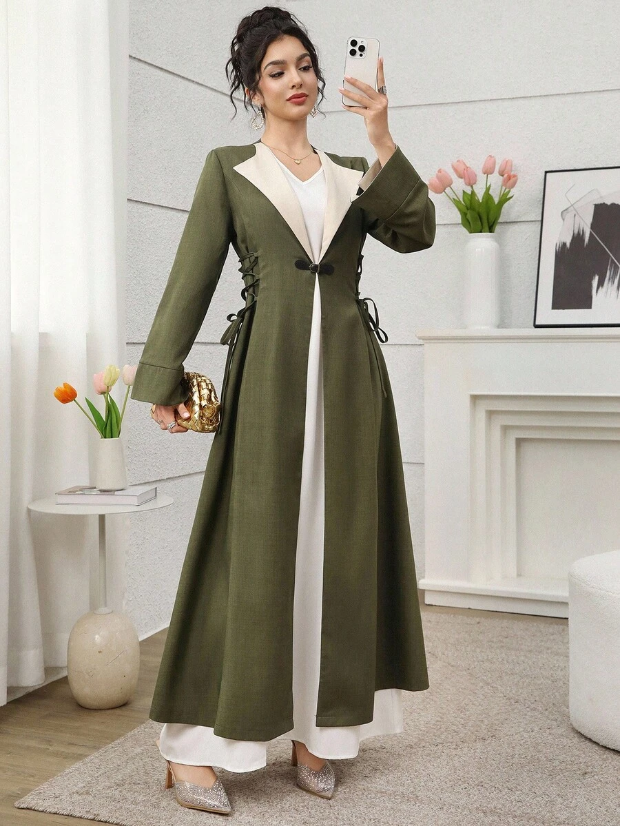 Al Najma 经典军绿色撞色领口系带多层风衣 - 軍綠色 - 查看 1