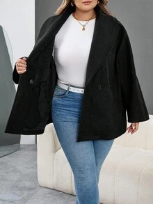 SHEIN CURVE+ Abrigo negro elegante con solapa para mujer de talla grande, de manga larga y versátil, adecuado para otoño/invierno - Negro - Ver 4