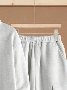 SHEIN Teen Boys' Gray Minimalist Casual Autumn Set,Stand Collar Sweatshirt And Utility Pants,Everyday Wear 2pc Comfortable Fashionable Collegiate Style - Grey - View 9