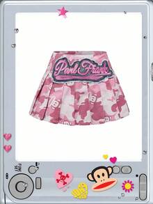 Paul Frank X ROMWE Y2K 亚文化迷彩印花和卡通贴片装饰低腰女式牛仔迷你裙 - 粉色 - 查看 7