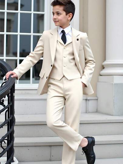 SHEIN Conjunto de 2 piezas para niño preadolescente estilo caballero: Chaqueta tipo blazer minimalista + Pantalones lisos y sencillos, sin corbata ni accesorios, adecuado para fiesta de cumpleaños, fiesta de noche, boda, bautizo, graduación, invitado de boda, paje, portador de anillos, temporada de vuelta al colegio