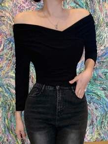 DAZY Elegant Off Shoulder Design Fitted Women T-Shirt Long Sleeve Top - Black - View 7