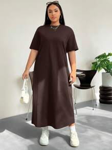 SHEIN EZwear 大码休闲纯色短袖T恤连衣裙 - 棕色 - 查看 1