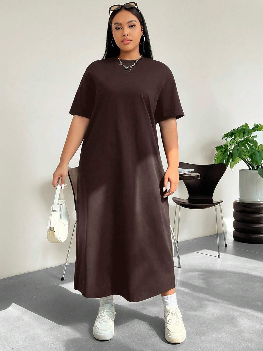 SHEIN EZwear 大码休闲纯色短袖T恤连衣裙 - 棕色 - 查看 1