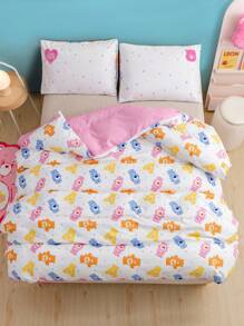 SHEIN X Care Bears 心形熊印花粉色双面羽绒被套套装，礼品 - 粉色 - 查看 6