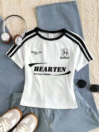 Tween Girls' Casual Street Style Vintage College Decorative Ribbon Text Graphic Color Block Crew Neck Stretchy Cotton Cropped Fitted T-Shirt