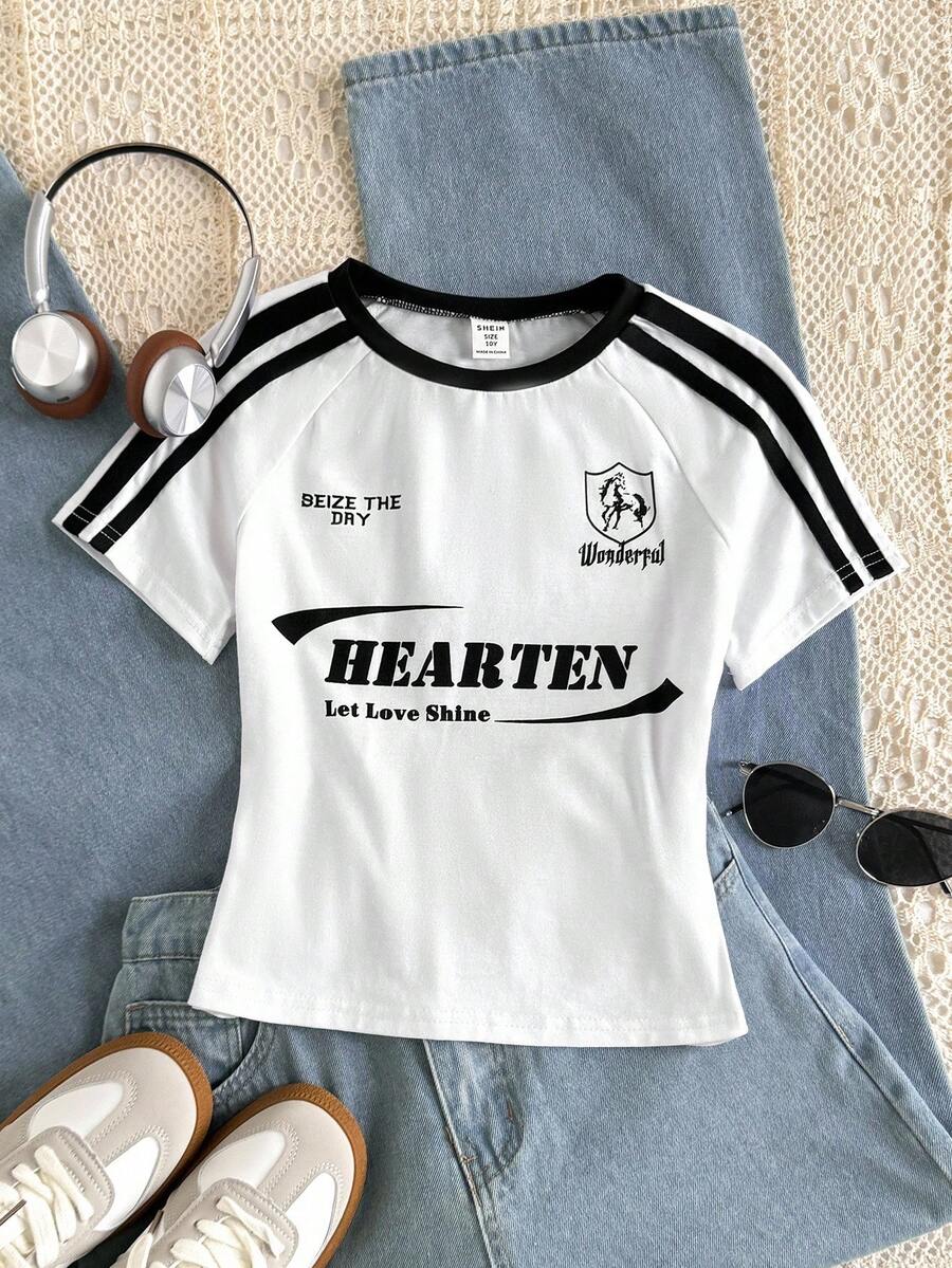 Áo thun cotton co giãn ôm sát cổ tròn phong cách đường phố giản dị cổ điển trường đại học trang trí ruy băng chữ đồ họa khối màu cho bé gái tuổi teen - trắng - Xem 1