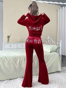 SHEIN 青少年女孩天鹅绒水钻口袋连帽拉链运动衫和修身喇叭裤休闲优雅两件套 - 酒紅色 - 查看 12