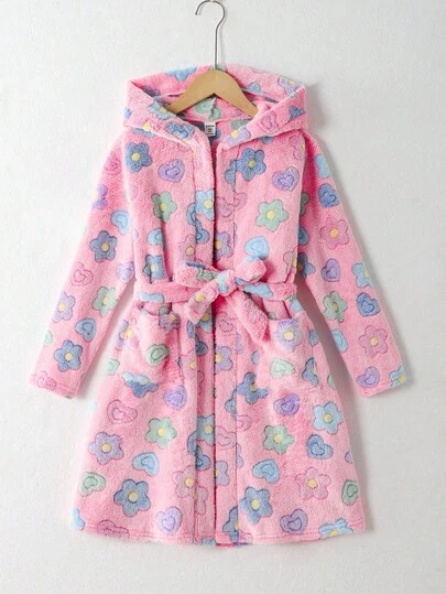 SHEIN 少女花卉印花长袖连帽睡袍家居服