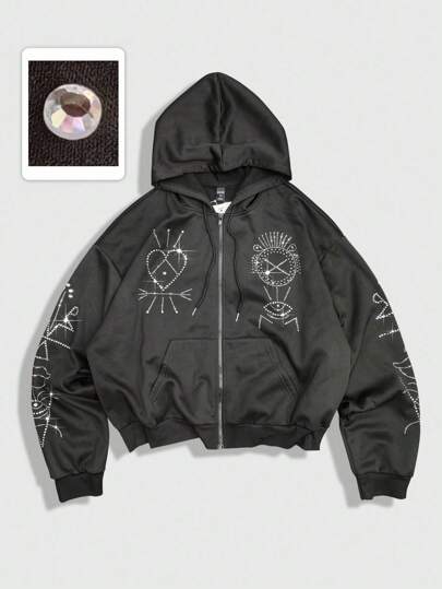 Street Life Sudadera con capucha, cordón y cremallera casual de moda para hombres con adornos de rhinestone