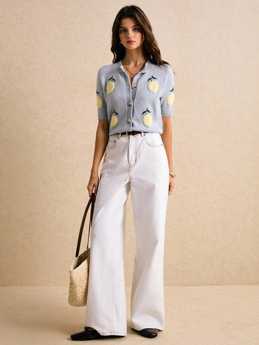 Poéselle 柠檬刺绣休闲针织短袖开衫 - 淺藍色 - 查看 1