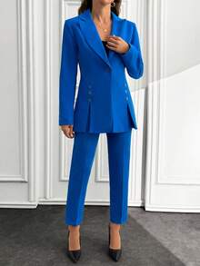 EURMUSE Ensemble veste et pantalon de couleur unie à la mode pour les déplacements quotidiens - Bleu marine - Voir 3
