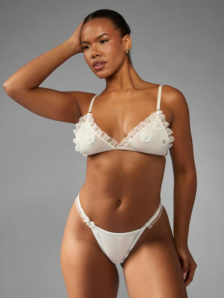 MISSGUIDED Butterfly Applique Mesh Triangle Bralette Ruffle Trim Lingerie Sheer Soft Cup Unlined Bra Bridal Honeymoon Wedding Night
