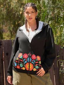 SHEIN VCAY Plus Size Floral Print Zip-Up Hoodie Sweatshirt With Front Pockets, Women Casual Outerwear For Autumn, Thermal Lined/Winter - Black - View 1
