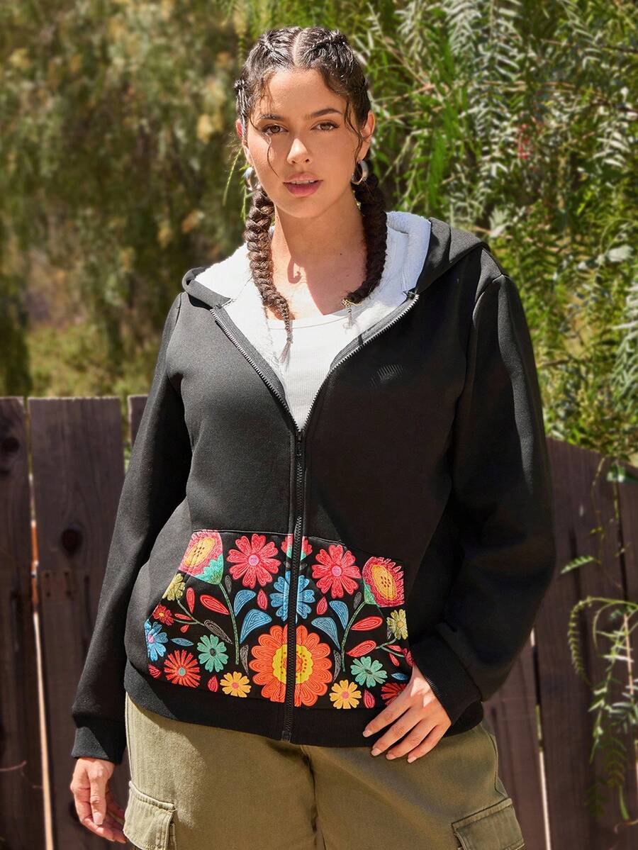 SHEIN VCAY Plus Size Floral Print Zip-Up Hoodie Sweatshirt With Front Pockets, Women Casual Outerwear For Autumn, Thermal Lined/Winter - Black - View 1