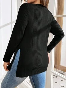 SHEIN Essnce 大码女装春秋季时尚休闲高弹舒适日常修身磨毛V领长袖黑色上衣，女士秋季款，秋季，黑色T恤 - 黑色 - 查看 2