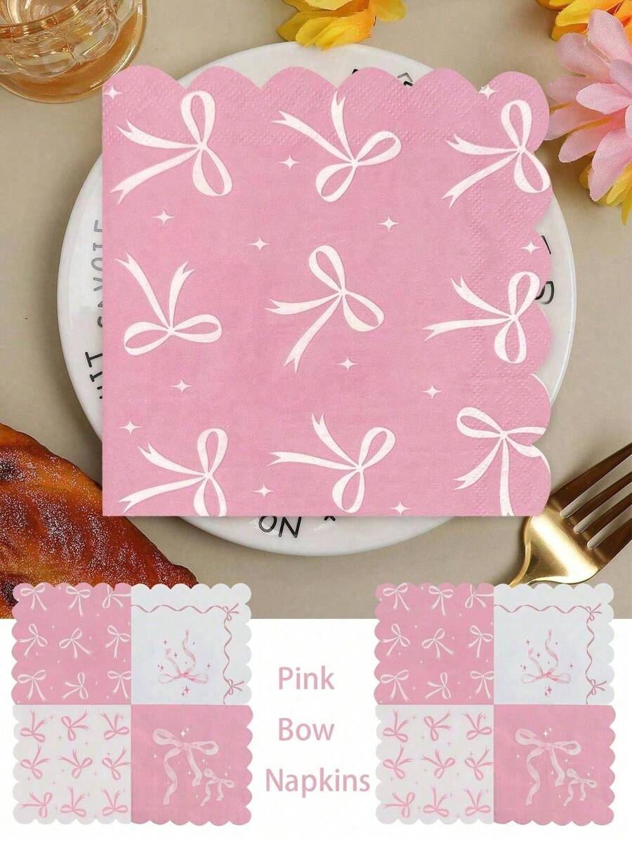 20PCS Set Pink Bow Napkins, Theme Birthday Party Decorations, Shower, Cute Bow Tableware Supplies, Tea, Wedding Party Decor, For Weddings, Bridal Showers And Birthday Parties, Tea Parties, Garden Parties, Fancy Napkins - Multicolor - View 1