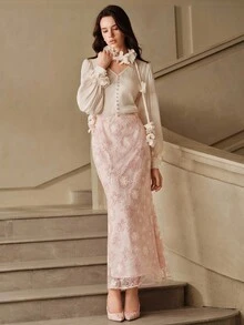 SHEIN Unity Women's Elegant Floral Embroidered Skirt, Romantic Pink - Pink - View 7