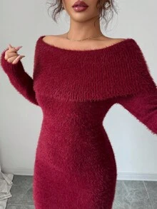 Selianne 秋冬女士露肩修身中长款紧身毛衣连衣裙 - 酒紅色 - 查看 5