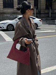 DAZY Women's Solid Color Drop Shoulder Long Sleeve Double-Breasted Casual Overcoat - Dark Grey - View 9