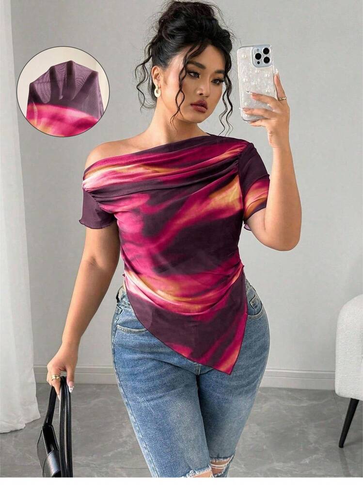 Elenzga Plus Size Women Artistic Gradient Mesh Shoulder T-Shirt, Elegant Printed Holiday Blouse Disco Plus Size - Hot Pink - View 1