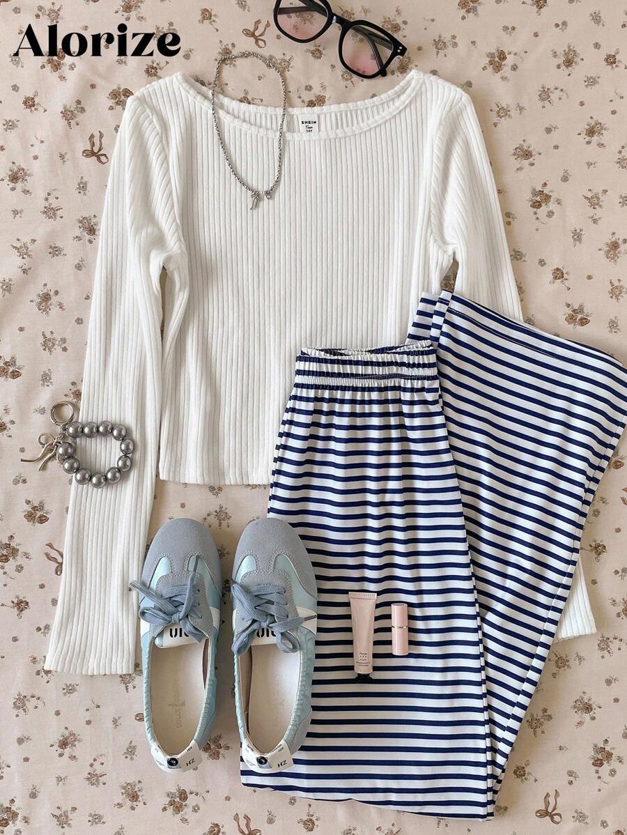 Sparklyn 2 件套青少年女孩圆领长袖 T 恤和松紧腰条纹直筒裤，秋季休闲装 - 白色 - 查看 1