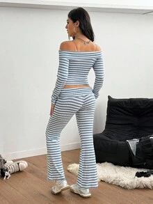 Teenage Girls' Casual Striped Transparent Shoulder Strap Off Shoulder Long Sleeve Top And Simple Knit Flare Pants, Spring/Autumn - Baby Blue - View 2