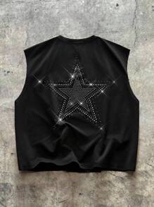 AXEPEAK Plus Size Men's Fashionable Rhinestone Star Graphic Tank Top, Summer - Black - View 1