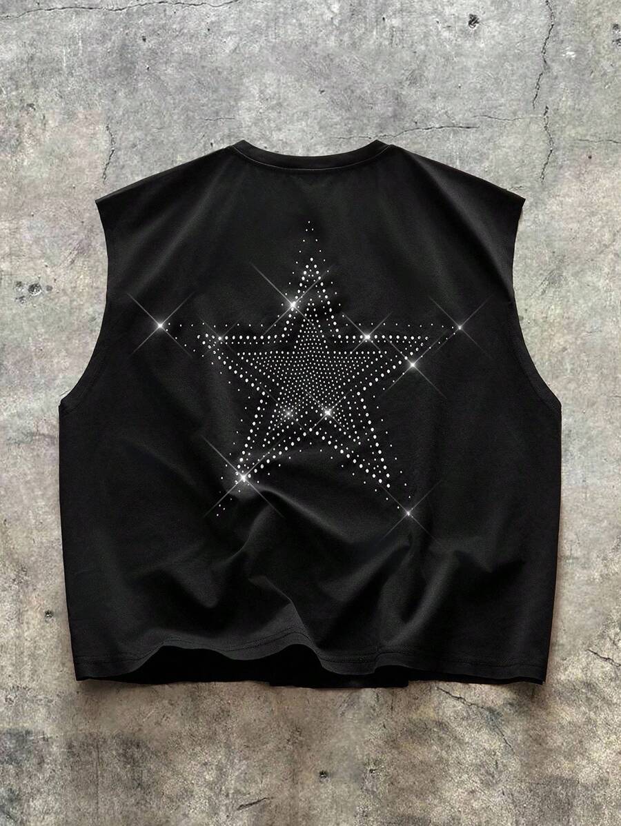 AXEPEAK Plus Size Men's Fashionable Rhinestone Star Graphic Tank Top, Summer - Black - View 1