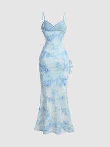 SHEIN MOD 夏季V领荷叶边高开衩扎染印花长款吊带裙，女士夏季连衣裙，女士粉彩连衣裙，派对连衣裙，派对装扮，沙滩连衣裙，女士沙滩装扮，女士优雅连衣裙，女士度假装扮，度假连衣裙，节日连衣裙，女士碎花连衣裙，蓝色连衣裙，复古碎花连衣裙，花园派对正式连衣裙，度假晚宴连衣裙