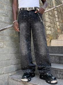 ROMWE MEN Street Life Men's Sparkling Diamond Loose Baggy Jeans - Black - View 3