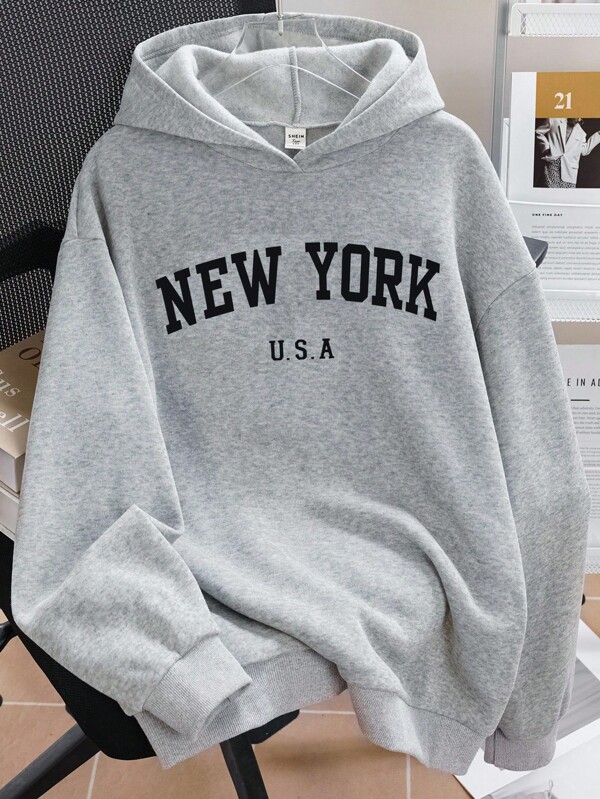 Sparklyn Sudadera básica con estampado de letras "New York" de estilo minimalista casual para niñas preadolescentes, sudadera con capucha de estilo universitario deportivo simple para otoño/invierno, sudadera gris para niñas de estilo New York para el otoño